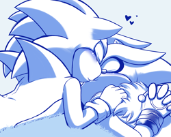 Size: 1700x1364 | Tagged: safe, artist:fire-for-battle, silver the hedgehog, sonic the hedgehog, blushing, duo, eyes closed, gay, hands together, heart, kiss, lying down, monochrome, shipping, sonilver
