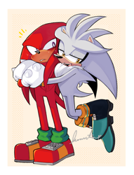 Size: 1386x1815 | Tagged: safe, artist:kat-nidas, knuckles the echidna, silver the hedgehog, blushing, border, clenched teeth, duo, flying, gay, holding them, hugging, knuxilver, looking at them, looking away, mouth open, shipping, signature, simple background, smile, standing