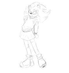 Size: 1958x2047 | Tagged: safe, artist:deludedreams, shadow the hedgehog, alternate outfit, clothes, frown, jacket, line art, looking at viewer, shirt, simple background, sketch, skirt, solo, standing, trans female, transgender, white background