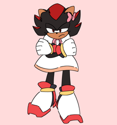 Size: 1912x2047 | Tagged: safe, artist:deludedreams, shadow the hedgehog, alternate outfit, arms folded, bow, clothes, dress, flat colors, frown, lidded eyes, looking ahead, pink background, simple background, solo, standing, trans female, transgender