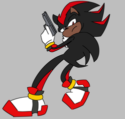 Size: 2048x1954 | Tagged: safe, artist:deludedreams, shadow the hedgehog, dark skin, flat colors, frown, grey background, gun, holding something, lidded eyes, looking at viewer, looking back, looking back at viewer, simple background, solo, standing, standing on one leg