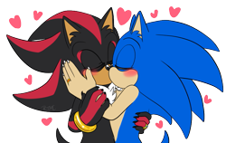Size: 825x521 | Tagged: safe, artist:tropicalhigh, shadow the hedgehog, sonic the hedgehog, blushing, claws, duo, earring, eyes closed, flat colors, gay, gloves off, heart, holding each other, kiss, ring (jewelry), shadow x sonic, shipping, signature, simple background, transparent background