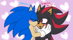 Size: 939x523 | Tagged: safe, artist:tropicalhigh, shadow the hedgehog, sonic the hedgehog, blushing, cute, dialogue, duo, ear fluff, english text, eyes closed, flat colors, gay, hands on another's face, heart, looking at them, one eye closed, purple background, sfx, shadow x sonic, shipping, signature, simple background