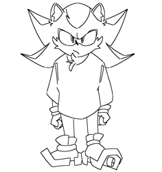 Size: 1930x2048 | Tagged: safe, artist:deludedreams, shadow the hedgehog, alternate outfit, cheek fluff, chest fluff, clothes, ear fluff, frown, line art, looking ahead, oversized, shirt, simple background, solo, standing, white background