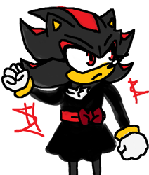 Size: 671x790 | Tagged: safe, artist:magnetic dogz, shadow the hedgehog, alternate outfit, bow, clenched fists, dress, flat colors, frown, looking offscreen, simple background, solo, standing, trans female, transgender, white background