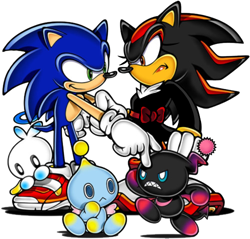 Size: 500x478 | Tagged: safe, artist:magnetic dogz, shadow the hedgehog, sonic the hedgehog, chao, sonic adventure 2, alternate outfit, bow, dark chao, dress, edit, frown, group, hero chao, lipstick, looking at each other, low res, neutral chao, simple background, sitting, smile, standing, trans female, transgender, uekawa style, white background