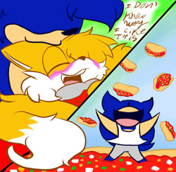 Size: 749x734 | Tagged: safe, artist:crazycakeparrotart, miles "tails" prower, sonic the hedgehog, blushing, chili dog, cute, dialogue, duo, english text, flat colors, food, gay, mouth open, shipping, smile, sonic x tails