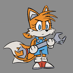 Size: 1109x1108 | Tagged: safe, artist:yesioarts, miles "tails" prower, 2024, alternate outfit, clothes, flat colors, frown, gender swap, grey background, holding something, looking offscreen, overalls, simple background, solo, standing, wrench