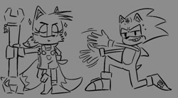 Size: 1208x668 | Tagged: safe, artist:yesioarts, miles "tails" prower, sonic the hedgehog, 2024, duo, eyes closed, gender swap, grey background, holding something, kneeling, line art, simple background, smile, sparkles, standing, sweatdrop, wrench