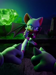 Size: 2040x2724 | Tagged: safe, artist:souljenx7, knuckles the echidna, rouge the bat, 2024, 3d, blender (medium), clenched fists, duo, fighting pose, master emerald, nighttime, outdoors, star (sky)