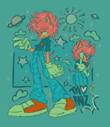 Size: 1771x2054 | Tagged: safe, artist:cosmic_fall, amy rose, 2024, alternate outfit, blue background, clouds, fleetway, fleetway amy, pants, planet, shirt, solo, star (symbol), sun, tongue out