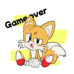 Size: 1000x1000 | Tagged: safe, artist:melida56345744, miles "tails" prower, 2024, blushing, classic tails, cute, english text, injured, looking at viewer, mouth open, scratch (injury), sitting, smile, solo, sweatdrop, tailabetes