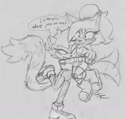 Size: 2048x1942 | Tagged: safe, artist:sonicrelated, tangle the lemur, whisper the wolf, 2024, blushing, blushing ears, cute, duo, eyes closed, flustered, frown, holding them, hugging, lesbian, line art, pencilwork, shipping, signature, smile, speech bubble, standing on one leg, tangle x whisper, traditional media, wagging tail