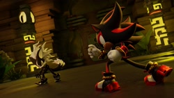 Size: 2048x1152 | Tagged: safe, artist:ladylunanova, infinite the jackal, shadow the hedgehog, sonic forces, 2024, 3d, abstract background, duo, looking at each other