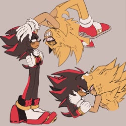 Size: 1241x1240 | Tagged: safe, artist:proj-sh4dow, shadow the hedgehog, sonic the hedgehog, arms folded, beige background, duo, fleetway super sonic, flying, frown, gay, hands on another's face, lidded eyes, looking at each other, shadow x sonic, sharp teeth, shipping, simple background, smile, super form, top surgery scars, trans male, transgender, upside down