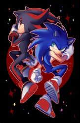 Size: 850x1314 | Tagged: safe, artist:pineapplebreads, shadow the hedgehog, sonic the hedgehog, 2024, back to back, clenched fist, duo, frown, outline, posing, signature, smile, sparkles
