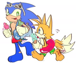 Size: 1754x1486 | Tagged: safe, artist:gatioxd20, miles "tails" prower, sonic the hedgehog, 2024, alternate outfit, bag, bandaid, barefoot, beach outfit, clothes, duffel bag, duo, food, holding something, ice cream, licking, simple background, tongue out, walking, white background
