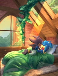 Size: 1583x2048 | Tagged: safe, artist:sunnysundaeart, shadow the hedgehog, sonic the hedgehog, 2024, abstract background, barefoot, bed, eyes closed, gay, holding each other, indoors, kiss, lineless, shadow x sonic, shipping, shoes off, signature, window
