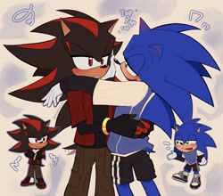 Size: 2048x1805 | Tagged: safe, artist:yumitiklala, shadow the hedgehog, sonic the hedgehog, 2024, alternate outfit, blushing, blushing ears, clenched teeth, clothes, duo, gay, gloves off, holding each other, lidded eyes, looking at each other, mouth open, sfx, shadow x sonic, shipping, smile, standing