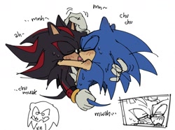 Size: 1533x1140 | Tagged: safe, artist:lemon_child4, shadow the hedgehog, sonic the hedgehog, 2024, blushing, dialogue, duo, eyes closed, french kiss, gay, holding each other, kiss, making out, moaning, mwah, shadow x sonic, shipping, simple background, sweat, sweatdrop, white background