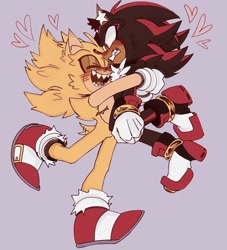 Size: 1860x2048 | Tagged: safe, artist:proj-sh4dow, shadow the hedgehog, sonic the hedgehog, 2024, blushing, carrying them, clenched teeth, duo, ear fluff, eyes closed, fleetway super sonic, frown, gay, heart, looking at them, mouth open, purple background, shadow x sonic, sharp teeth, shipping, simple background, smile, super form, top surgery scars, trans male, transgender