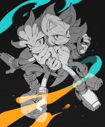 Size: 1162x1403 | Tagged: safe, artist:sk_rokuro, shadow the hedgehog, silver the hedgehog, 2024, black background, duo, gay, greyscale, holding hands, looking at viewer, monochrome, shadow x silver, shipping, simple background, smile
