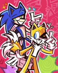 Size: 1648x2048 | Tagged: safe, artist:claushowx, miles "tails" prower, sonic the hedgehog, 2024, echo background, heart, looking at viewer, outline, smile, sparkles, v sign, wink