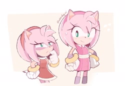 Size: 1919x1321 | Tagged: safe, artist:adorbsy_ai, amy rose, 2024, amybetes, border, cute, duo, hands on hips, height difference, looking at them, self paradox, signature, smile, sonic boom (tv), standing, sweatdrop, thinking