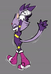 Size: 1426x2048 | Tagged: safe, artist:lebluenooki, blaze the cat, sonic riders: zero gravity, 2024, eyes closed, grey background, mouth open, riders outfit, simple background, smile, solo, stretching, walking