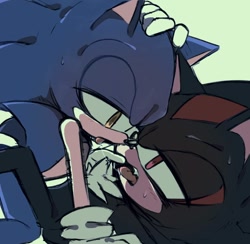 Size: 1024x998 | Tagged: safe, shadow the hedgehog, sonic the hedgehog, duo, gay, green background, looking at each other, lying down, saliva, saliva trail, shadow x sonic, shipping, simple background