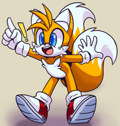 Size: 2593x2741 | Tagged: safe, artist:shadowhawx95, miles "tails" prower, 2024, beige background, exclamation mark, looking offscreen, mouth open, pointing, shadow (lighting), simple background, smile, solo, standing