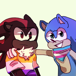 Size: 1201x1201 | Tagged: safe, artist:suyhi, shadow the hedgehog, sonic the hedgehog, 2020, alternate outfit, bandana, duo, frown, hand on another's shoulder, looking at viewer, looking offscreen, nonbinary, nonbinary pride, shirt, simple background, smile, trans male, trans pride, transgender