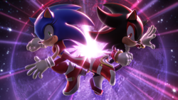 Size: 3840x2160 | Tagged: safe, artist:ladylunanova, shadow the hedgehog, sonic the hedgehog, 2023, 3d, abstract background, alternate outfit, alternate version, duo, frown, looking at viewer, mid-air, moon, posing, redraw, smile, soap shoes, sonic generations, trans female, transgender