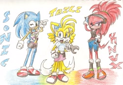 Size: 2294x1575 | Tagged: safe, artist:seeri-the-echidna, knuckles the echidna, miles "tails" prower, sonic the hedgehog, 2009, alternate outfit, character name, clothes, gender swap, holding something, simple background, smile, standing, trio, white background, wink, wrench