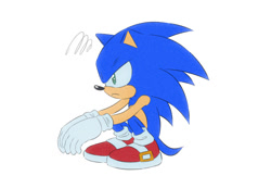 Size: 698x484 | Tagged: safe, artist:vei-6-vesuvius, sonic the hedgehog, 2024, crouching, frown, grumpy, looking offscreen, simple background, solo, white background
