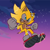 Size: 2048x2048 | Tagged: safe, artist:joopitor, sonic the hedgehog, super sonic 2, sonic frontiers, abstract background, clenched fists, clenched teeth, clouds, electricity, flying, looking offscreen, nighttime, outdoors, solo, star (sky), super form