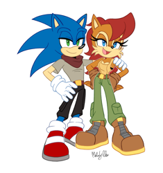 Size: 1553x1649 | Tagged: safe, artist:melodyclerenes, sally acorn, sonic the hedgehog, alternate outfit, hand on shoulder