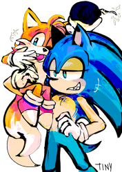 Size: 2048x2897 | Tagged: safe, artist:toadstool32, miles "tails" prower, sonic the hedgehog, bomb, carrying them, chest fluff, duo, holding something, lidded eyes, looking ahead, looking offscreen, one eye closed, riding on shoulder, signature, simple background, smile, transparent background