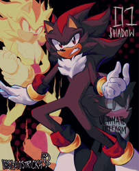 Size: 1660x2048 | Tagged: safe, artist:vhsghostricks, shadow the hedgehog, super shadow, 2024, abstract background, english text, frown, looking at viewer, signature, solo, super form