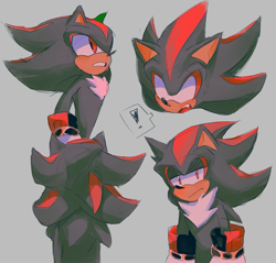 Size: 2048x1954 | Tagged: safe, artist:vhsghostricks, shadow the hedgehog, 2024, exclamation mark, grey background, looking at viewer, looking offscreen, simple background, solo
