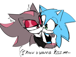 Size: 2048x1536 | Tagged: safe, artist:smock-16, shadow the hedgehog, sonic the hedgehog, blushing, cute, dialogue, duo, english text, gender swap, holding them, lesbian, lidded eyes, looking at each other, mouth open, r63 shipping, shadow x sonic, shadowbetes, shipping, simple background, sonabetes, sweatdrop, white background