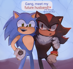 Size: 984x936 | Tagged: safe, artist:dogi-stuff, shadow the hedgehog, sonic the hedgehog, sonic prime, abstract background, arm around shoulders, dialogue, english text, gay, hand on hip, looking at them, looking at viewer, mouth open, scene interpretation, shadow x sonic, shipping, smile, sonic prime s3, standing