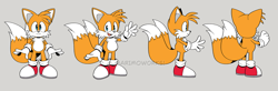 Size: 2030x668 | Tagged: safe, artist:superscourge, miles "tails" prower, flat colors, grey background, reference inset, signature, simple background, smile, solo, standing