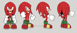 Size: 1425x618 | Tagged: safe, artist:superscourge, knuckles the echidna, flat colors, frown, grey background, reference sheet, signature, simple background, solo, standing