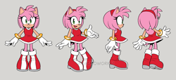 Size: 1493x679 | Tagged: safe, artist:superscourge, amy rose, flat colors, grey background, reference sheet, signature, simple background, smile, solo, standing