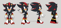 Size: 1607x730 | Tagged: safe, artist:superscourge, shadow the hedgehog, flat colors, frown, grey background, reference sheet, signature, simple background, solo, standing