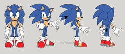 Size: 1789x771 | Tagged: safe, artist:superscourge, sonic the hedgehog, flat colors, grey background, reference sheet, signature, simple background, smile, solo, standing