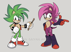 Size: 1328x977 | Tagged: safe, artist:superscourge, manik the hedgehog, sonia the hedgehog, breasts, brother and sister, drumstick, duo, featureless breasts, grey background, holding something, looking at viewer, pointing, redesign, signature, simple background, smile, standing