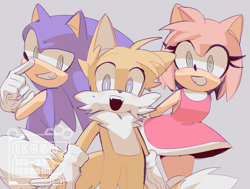 Size: 1216x921 | Tagged: safe, artist:ico-sa, amy rose, miles "tails" prower, sonic the hedgehog, cute, grey background, looking at viewer, signature, simple background, smile, trio