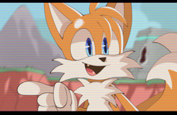 Size: 2048x1332 | Tagged: safe, artist:liv-uwo, miles "tails" prower, abstract background, daytime, looking offscreen, mouth open, outdoors, pointing, smile, solo